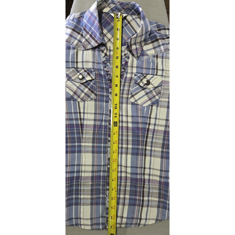 Arizona Jean Co Y2K Women's M Blue Purple White Plaid Shirt Frayed Snap Buttons - Picture 6 of 8